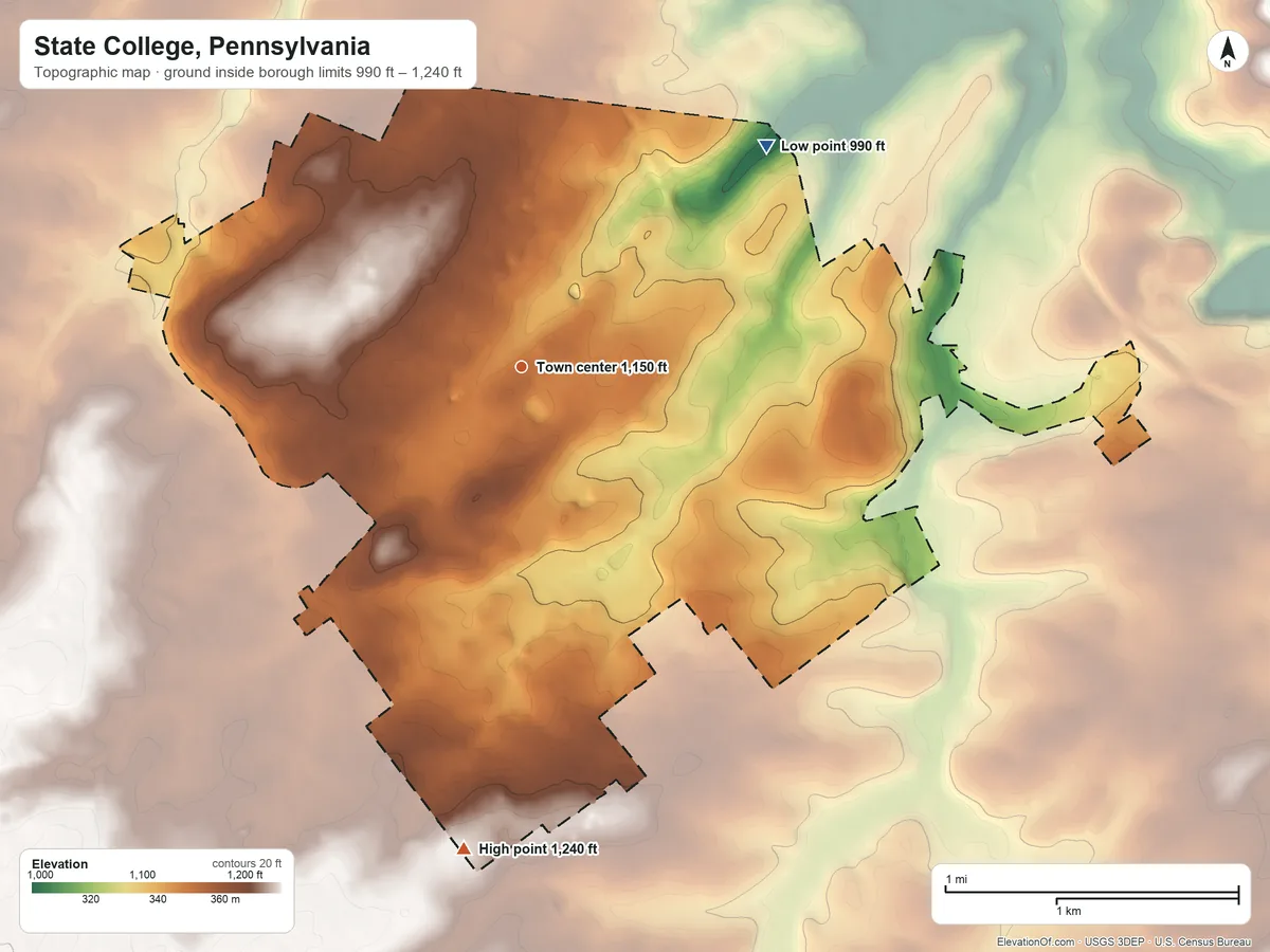 Topographic elevation map of State College, Pennsylvania, shaded from 990 ft on the northeast side to 1,240 ft on the south side