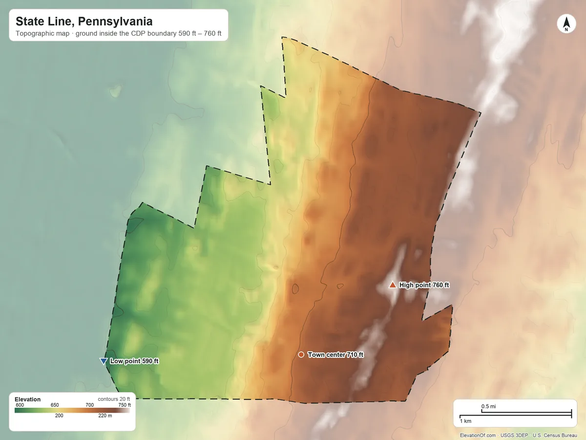 Topographic elevation map of State Line, Pennsylvania, shaded from 590 ft on the west side to 760 ft on the northeast side