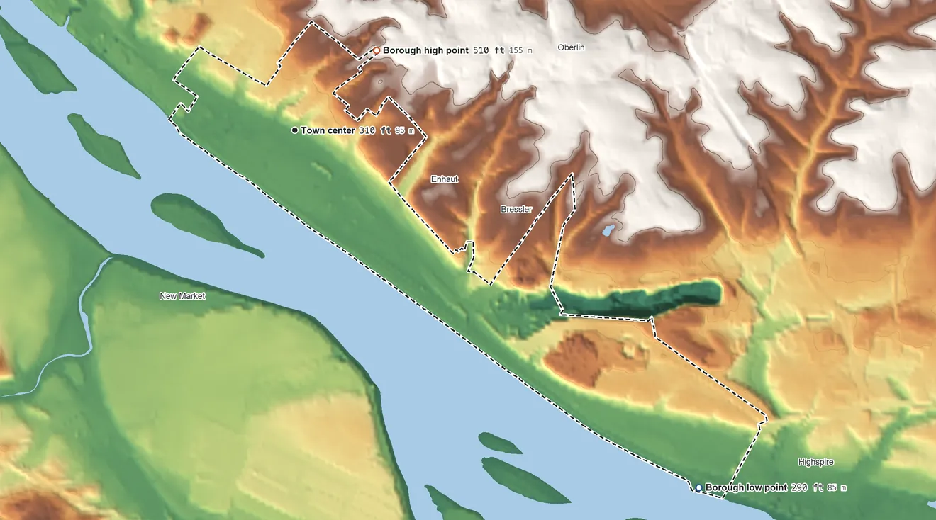 Topographic elevation map of Steelton, Pennsylvania, shaded from 290 ft on the southeast side to 510 ft on the northeast side
