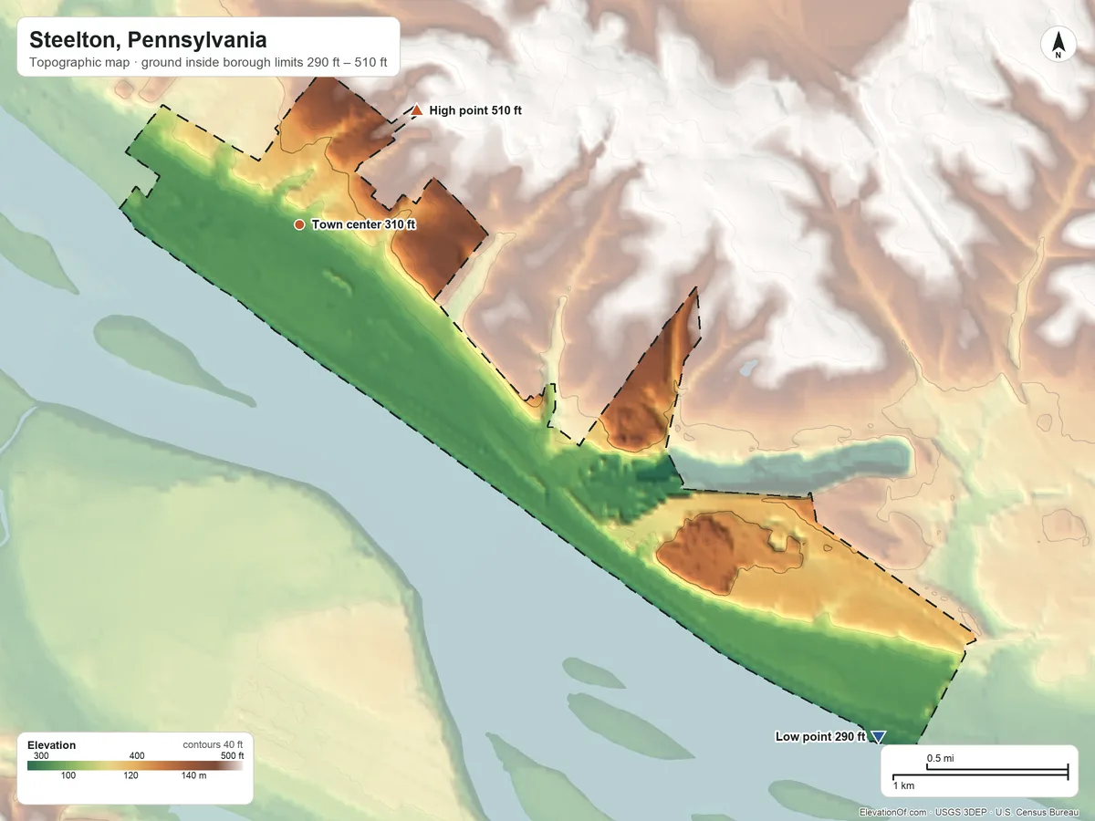 Topographic elevation map of Steelton, Pennsylvania, shaded from 290 ft on the southeast side to 510 ft on the northeast side