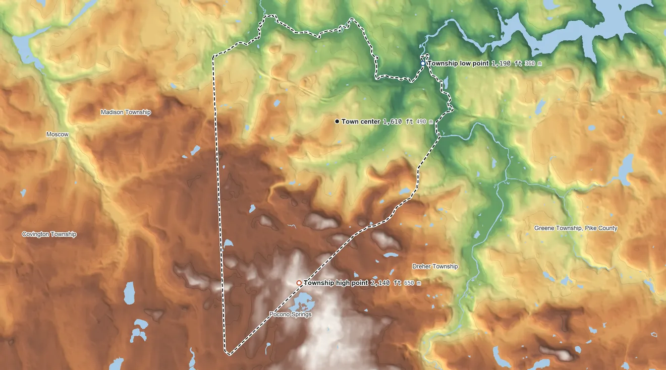 Topographic elevation map of Sterling Township, Pennsylvania, shaded from 1,190 ft on the northeast side to 2,140 ft on the south side