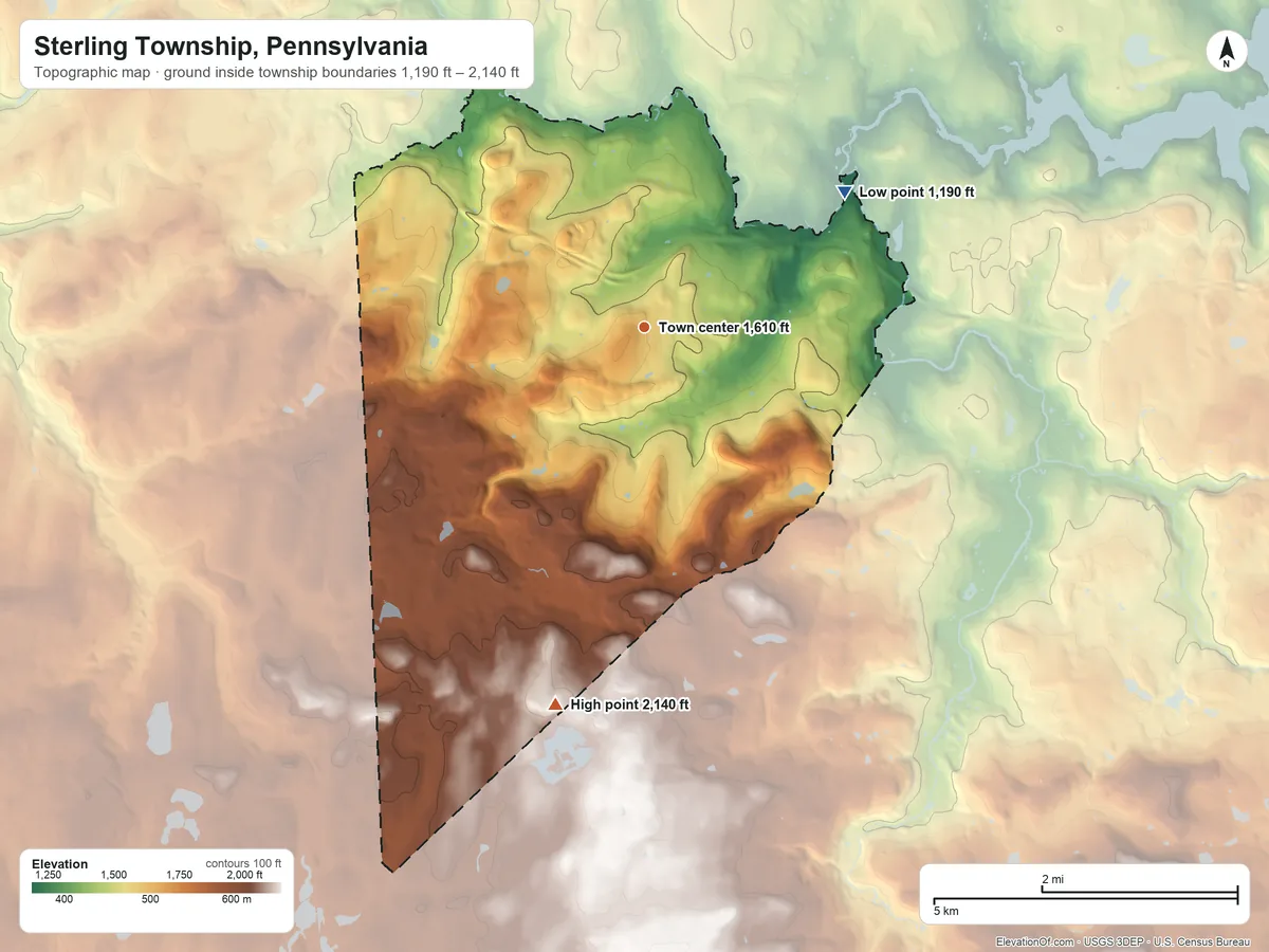 Topographic elevation map of Sterling Township, Pennsylvania, shaded from 1,190 ft on the northeast side to 2,140 ft on the south side