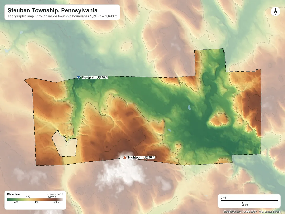 Topographic elevation map of Steuben Township, Pennsylvania, shaded from 1,240 ft on the west side to 1,690 ft on the south side