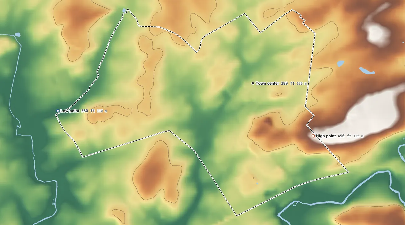 Topographic elevation map of Stevens, Pennsylvania, shaded from 360 ft on the west side to 450 ft on the southeast side