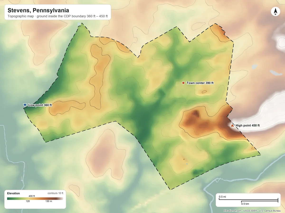 Topographic elevation map of Stevens, Pennsylvania, shaded from 360 ft on the west side to 450 ft on the southeast side