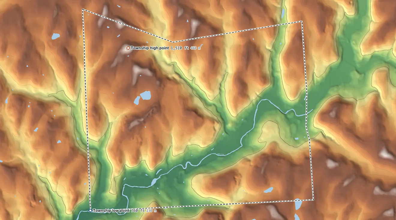 Topographic elevation map of Stevens Township, Pennsylvania, shaded from 760 ft on the southwest side to 1,510 ft on the northwest side