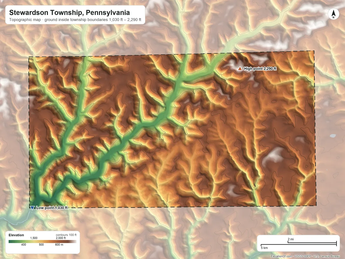 Topographic elevation map of Stewardson Township, Pennsylvania, shaded from 1,030 ft on the west side to 2,290 ft on the northeast side