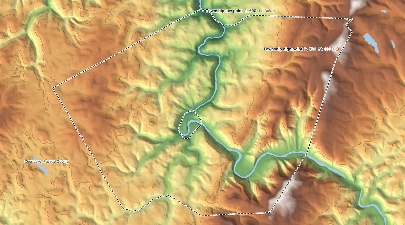 Topographic elevation map of Stewart Township, Pennsylvania, shaded from 1,000 ft on the north side to 2,920 ft on the northeast side