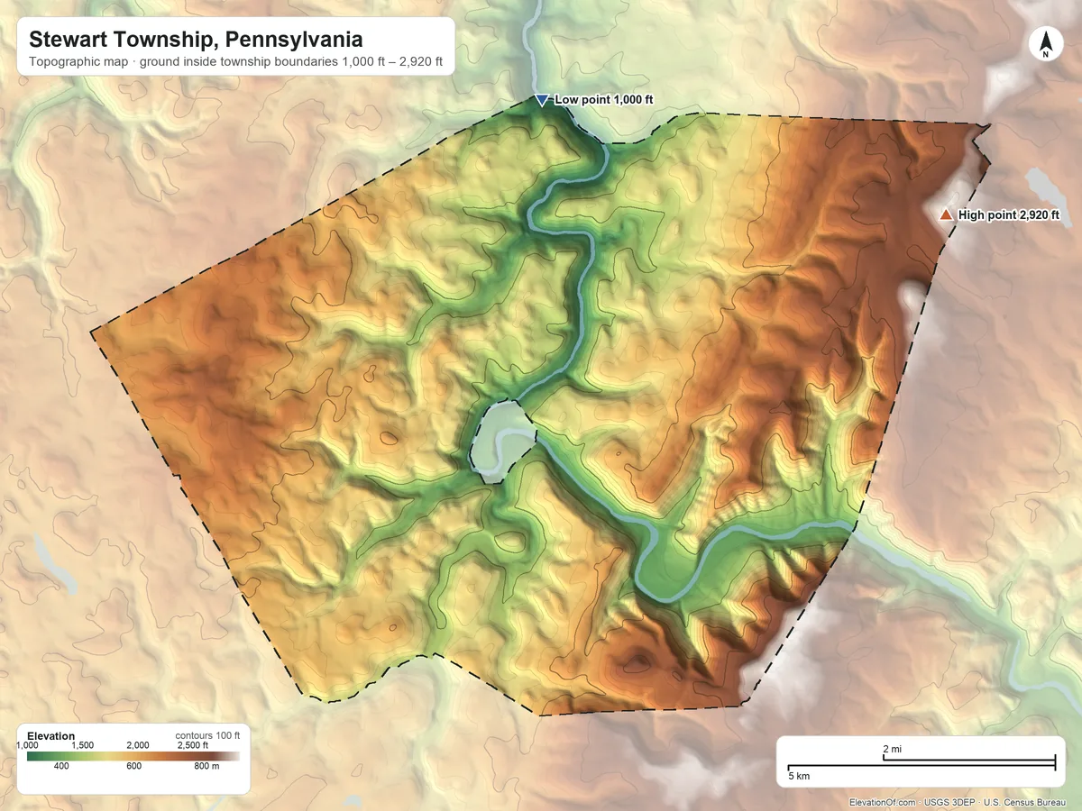 Topographic elevation map of Stewart Township, Pennsylvania, shaded from 1,000 ft on the north side to 2,920 ft on the northeast side
