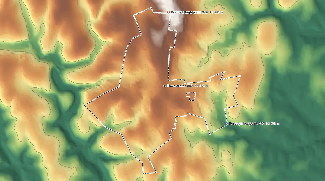 Topographic elevation map of Stewartstown, Pennsylvania, shaded from 740 ft on the southeast side to 940 ft on the north side