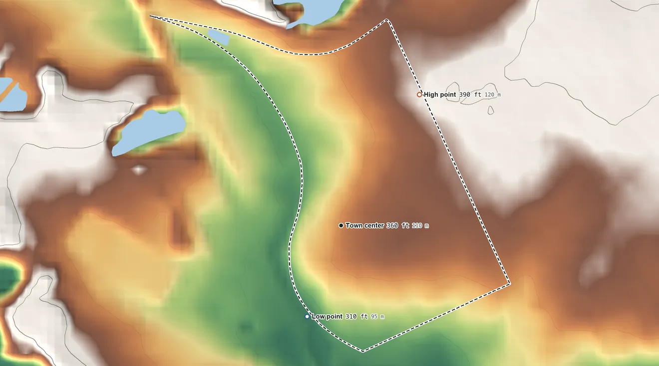 Topographic elevation map of Stiles, Pennsylvania, shaded from 310 ft on the south side to 390 ft on the northeast side