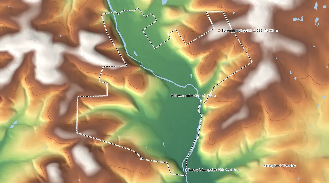 Topographic elevation map of Stillwater, Pennsylvania, shaded from 650 ft on the south side to 1,200 ft on Tubbs Hill