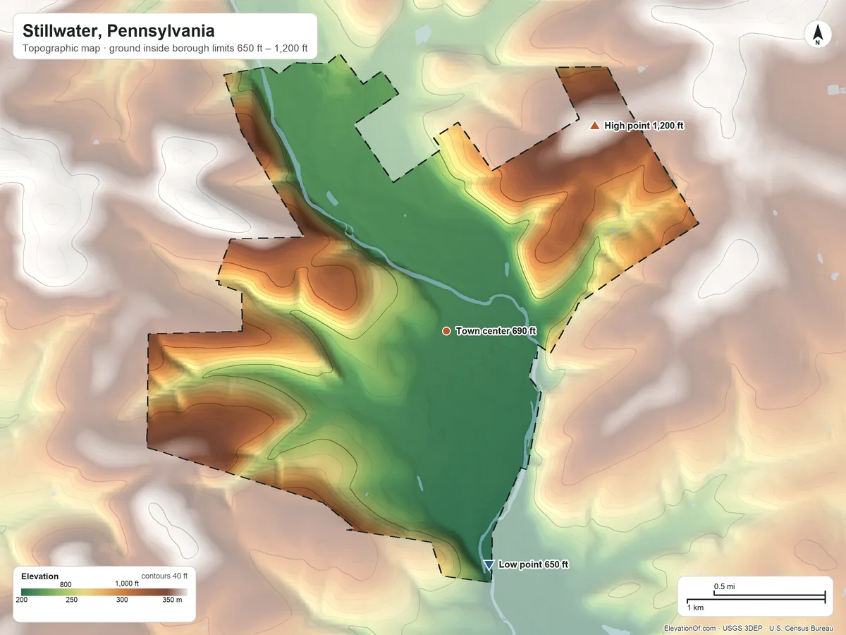 Topographic elevation map of Stillwater, Pennsylvania, shaded from 650 ft on the south side to 1,200 ft on Tubbs Hill