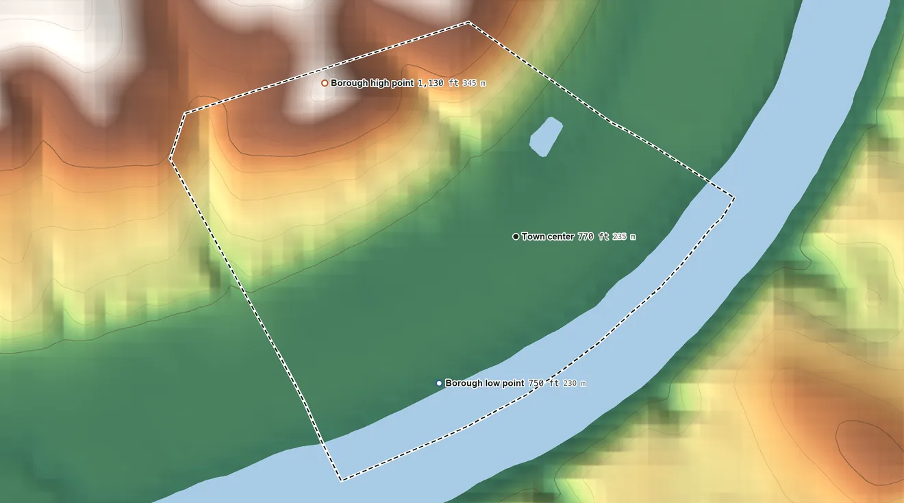 Topographic elevation map of Stockdale, Pennsylvania, shaded from 750 ft on the southwest side to 1,130 ft on the northwest side