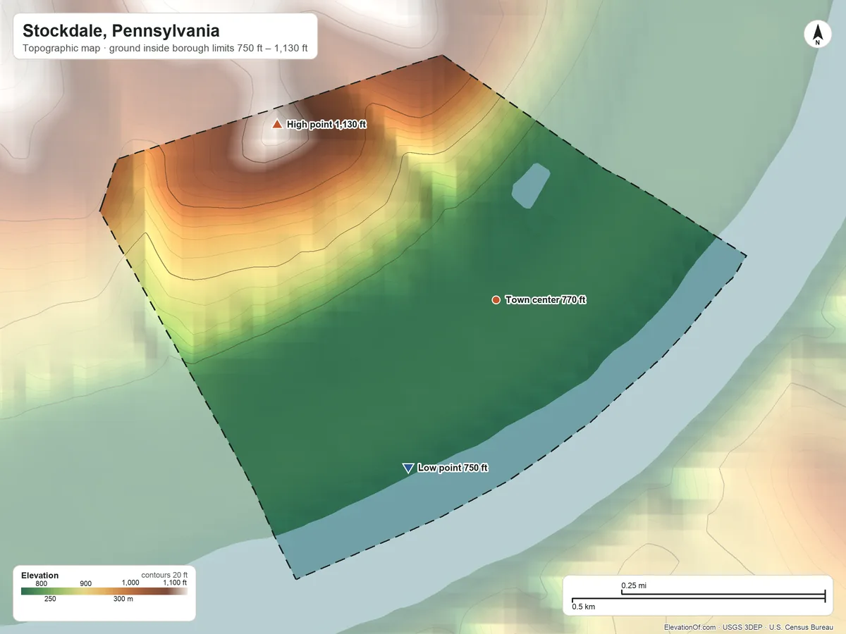 Topographic elevation map of Stockdale, Pennsylvania, shaded from 750 ft on the southwest side to 1,130 ft on the northwest side