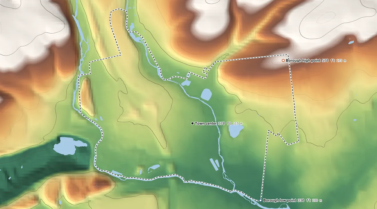 Topographic elevation map of Stockertown, Pennsylvania, shaded from 330 ft on the southeast side to 570 ft on the northeast side