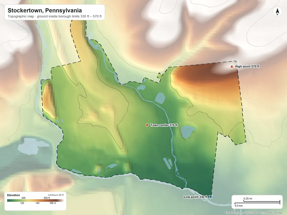 Topographic elevation map of Stockertown, Pennsylvania, shaded from 330 ft on the southeast side to 570 ft on the northeast side