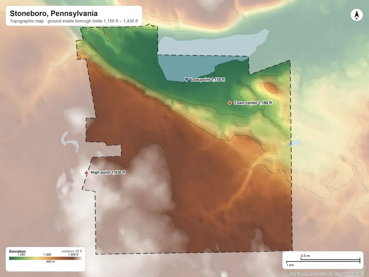 Topographic elevation map of Stoneboro, Pennsylvania, shaded from 1,150 ft on the northwest side to 1,430 ft on the southwest side