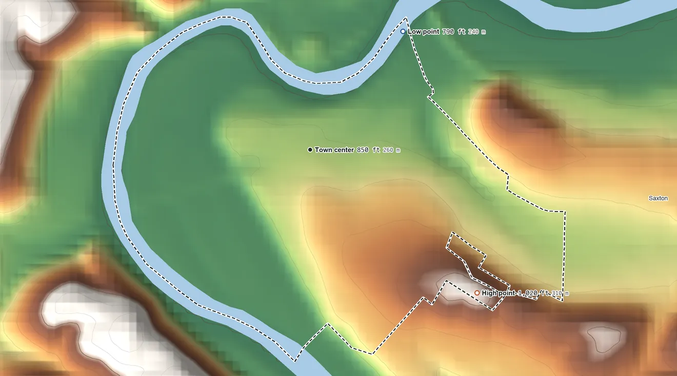 Topographic elevation map of Stonerstown, Pennsylvania, shaded from 790 ft on the northeast side to 1,020 ft at the foot of the Tussey Mountain