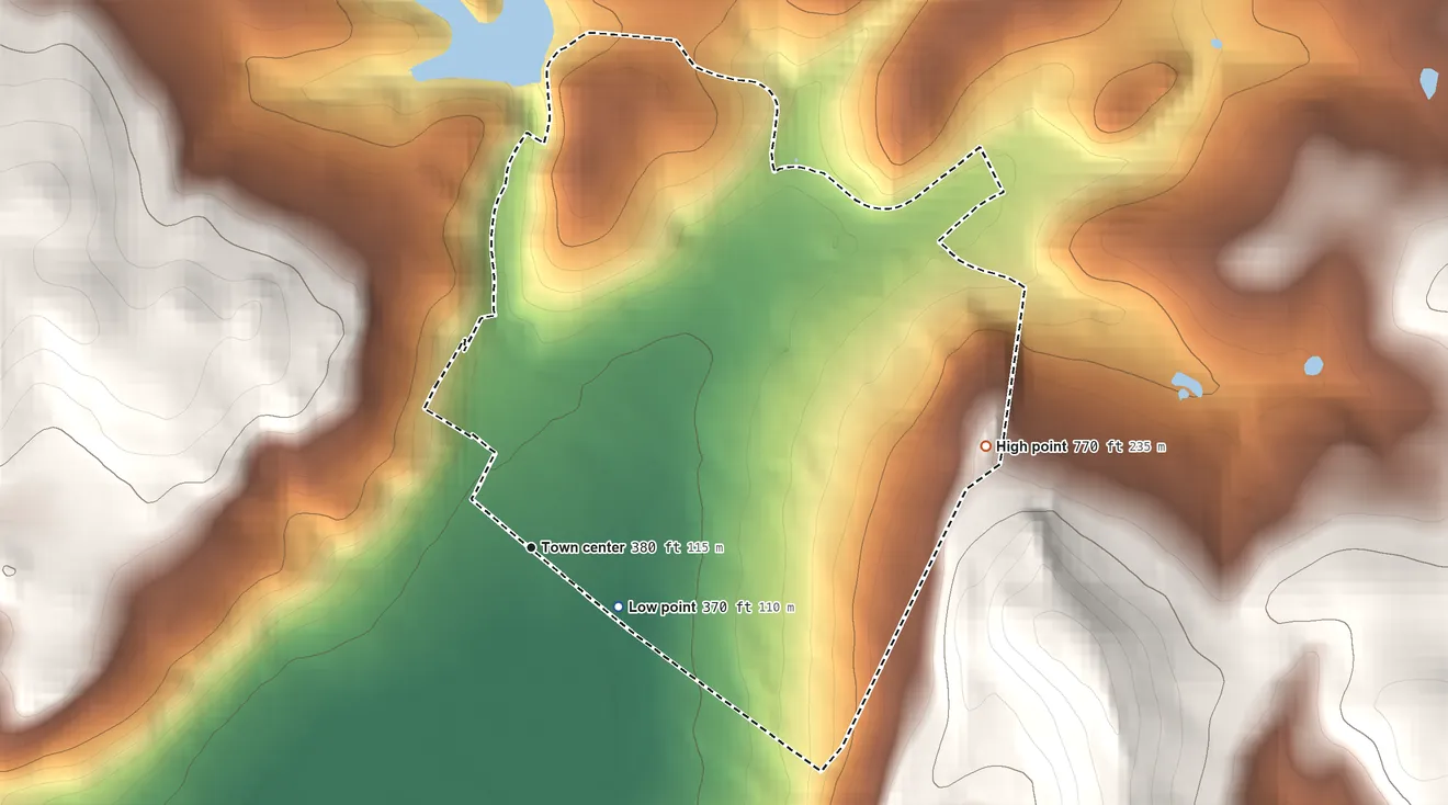 Topographic elevation map of Stony Creek Mills, Pennsylvania, shaded from 370 ft on the southeast side to 770 ft on the east side