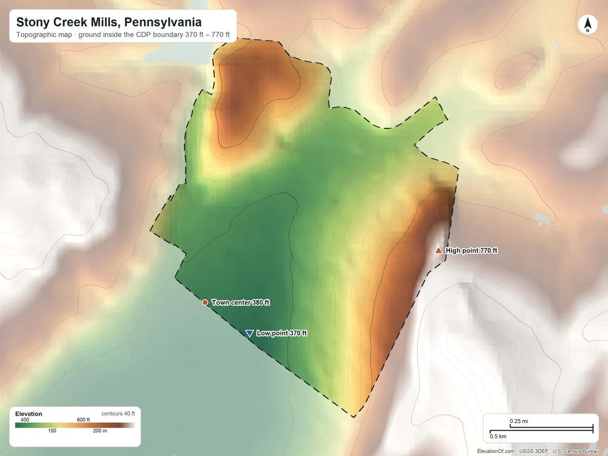 Topographic elevation map of Stony Creek Mills, Pennsylvania, shaded from 370 ft on the southeast side to 770 ft on the east side