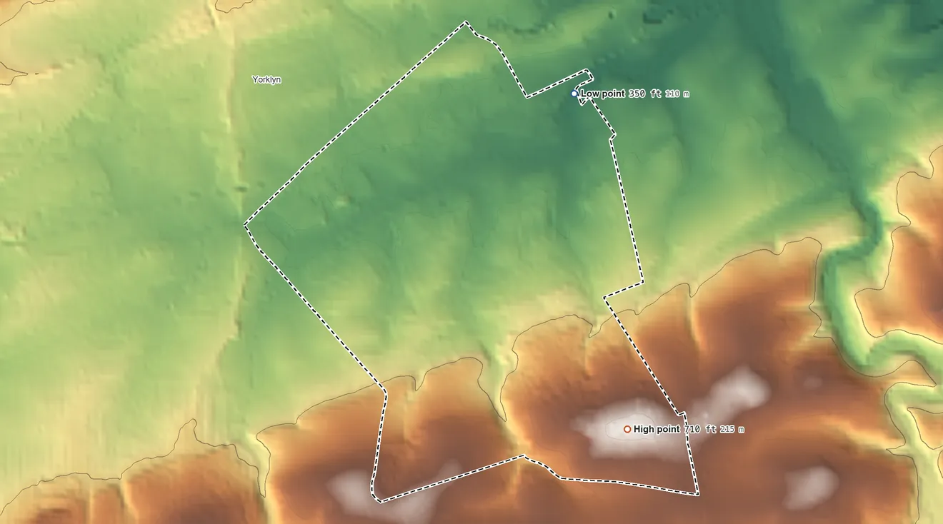 Topographic elevation map of Stonybrook, Pennsylvania, shaded from 350 ft on the northeast side to 710 ft on the southeast side