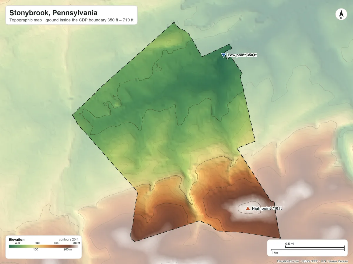 Topographic elevation map of Stonybrook, Pennsylvania, shaded from 350 ft on the northeast side to 710 ft on the southeast side