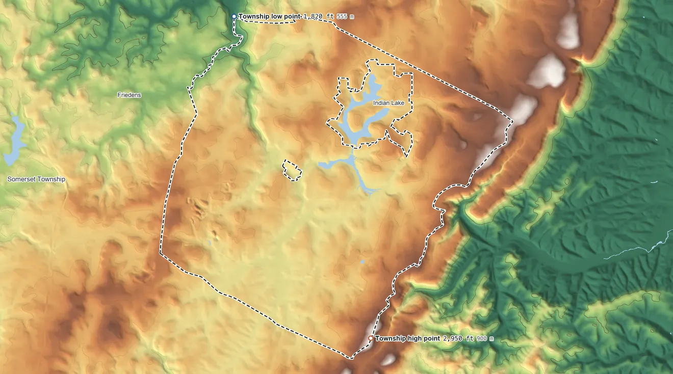 Topographic elevation map of Stonycreek Township, Somerset County, Pennsylvania, shaded from 1,820 ft on the north side to 2,950 ft on the southeast side