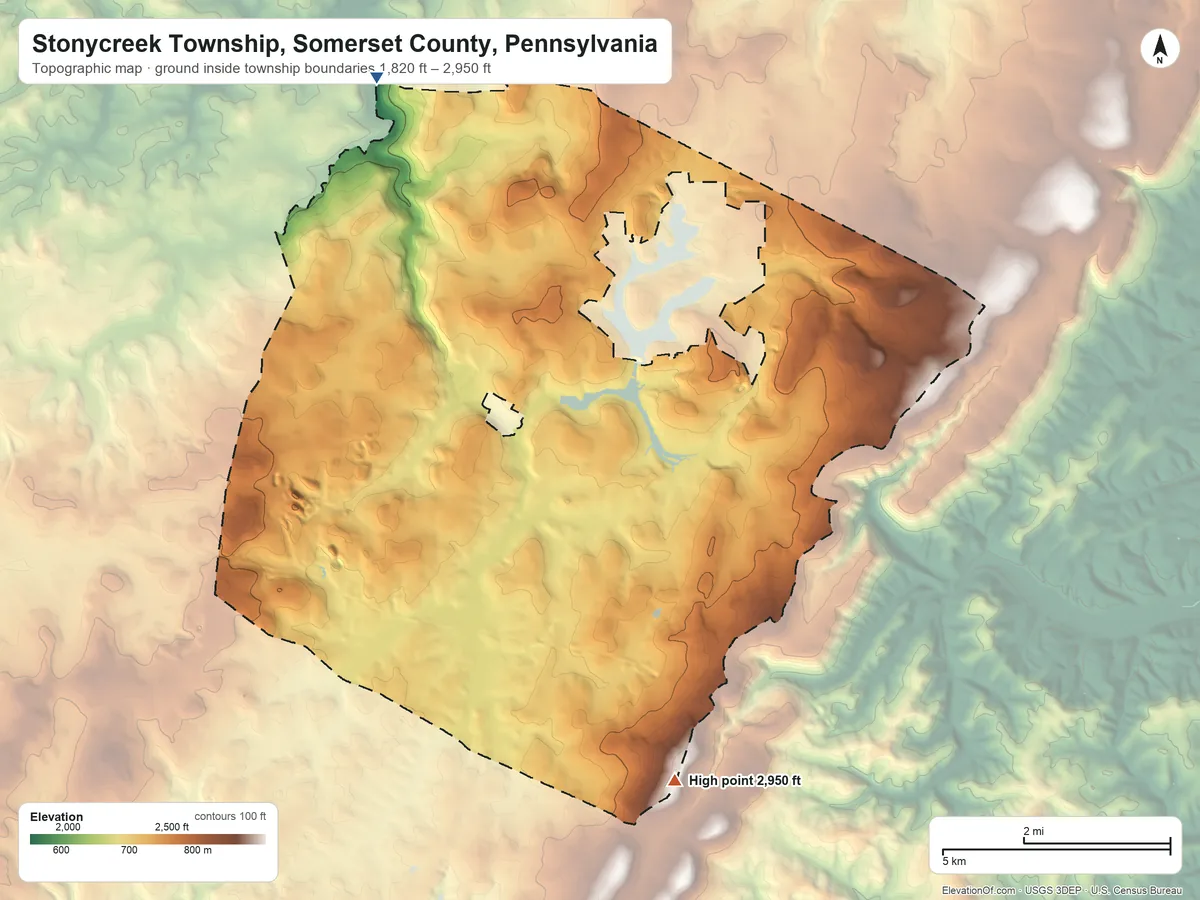 Topographic elevation map of Stonycreek Township, Somerset County, Pennsylvania, shaded from 1,820 ft on the north side to 2,950 ft on the southeast side