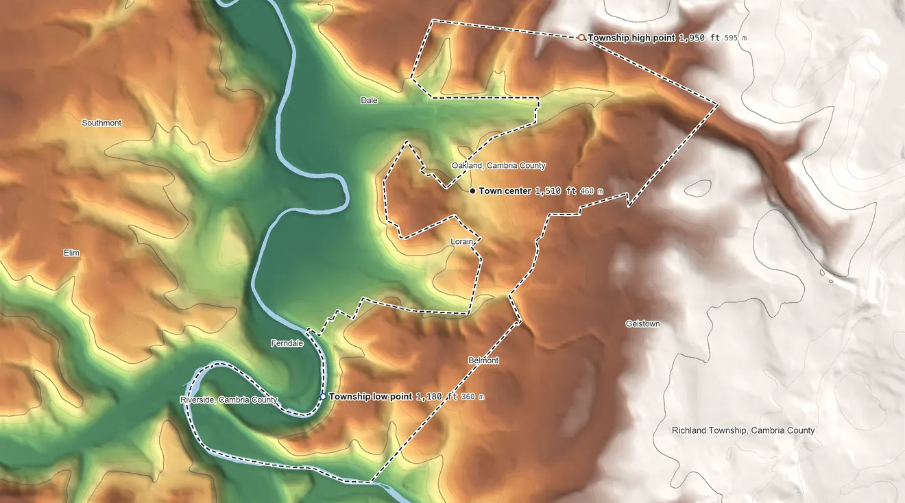 Topographic elevation map of Stonycreek Township, Pennsylvania, shaded from 1,180 ft on the southwest side to 1,950 ft on the northeast side