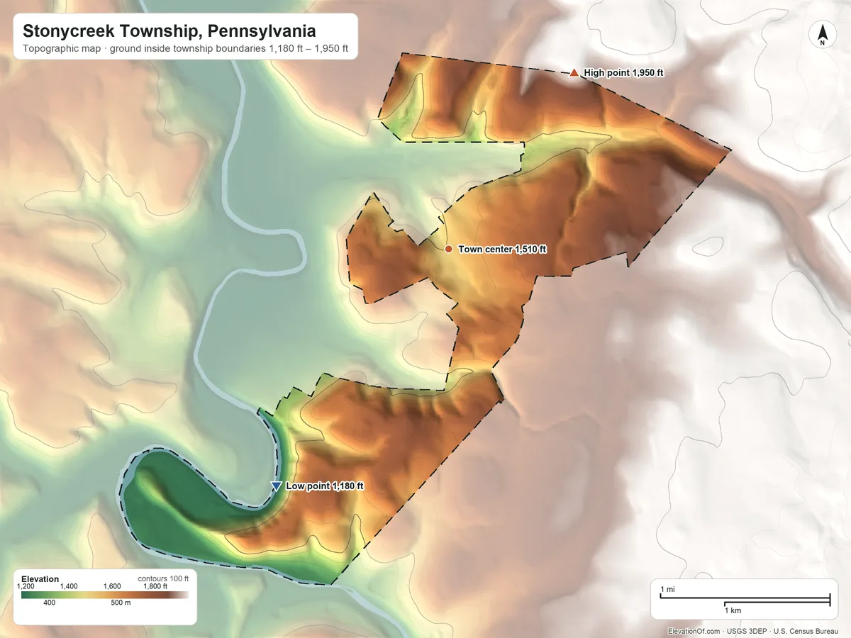 Topographic elevation map of Stonycreek Township, Pennsylvania, shaded from 1,180 ft on the southwest side to 1,950 ft on the northeast side