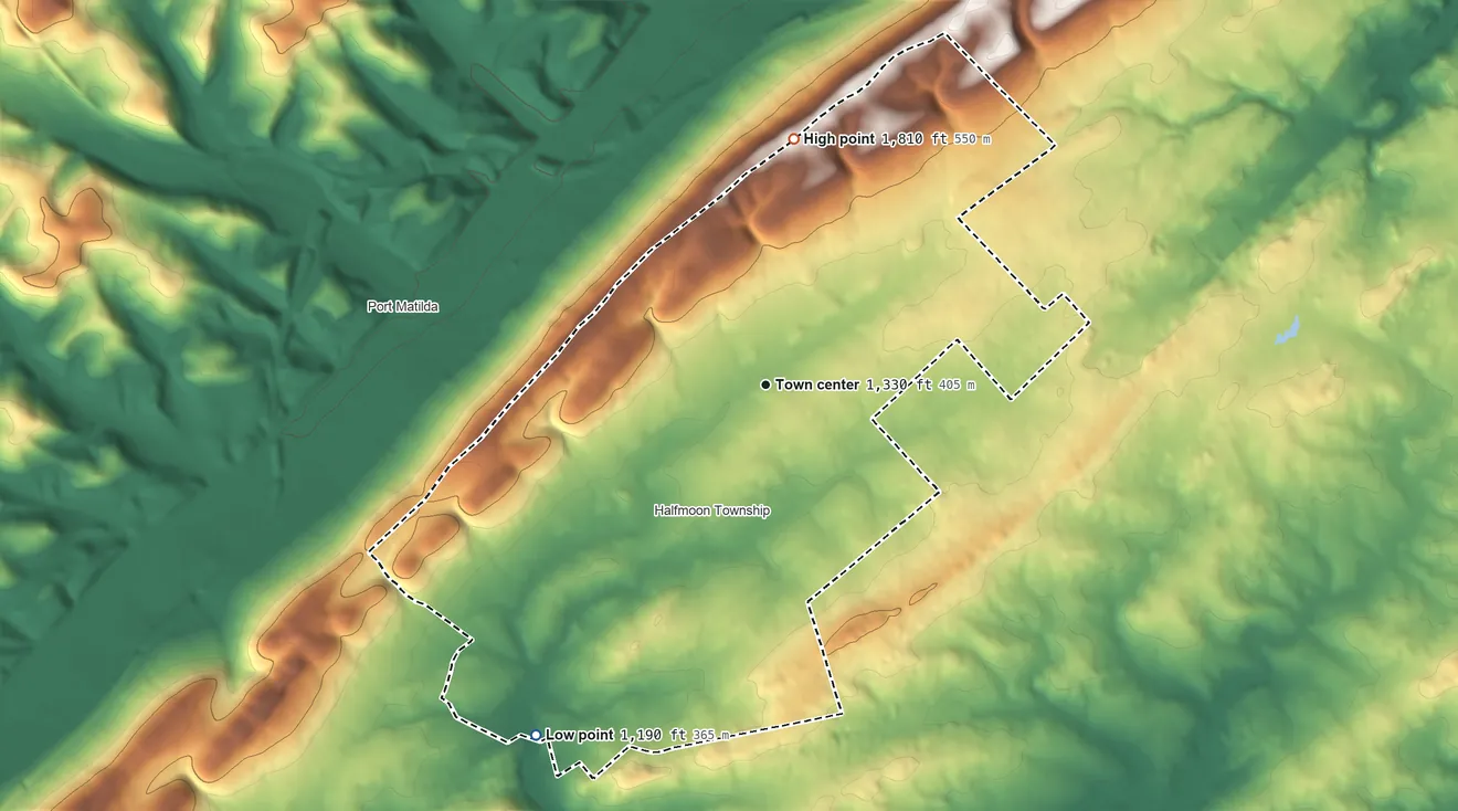 Topographic elevation map of Stormstown, Pennsylvania, shaded from 1,190 ft on the southwest side to 1,810 ft on the north side