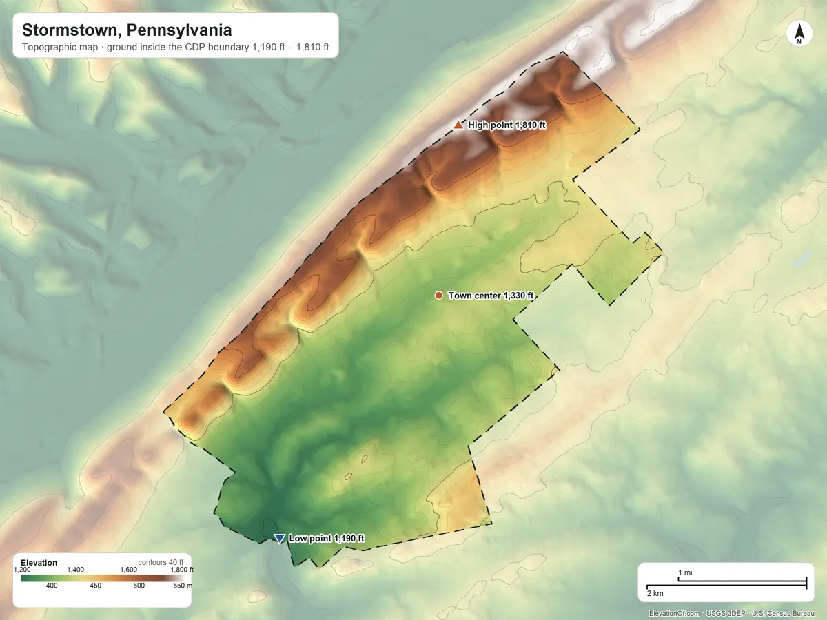 Topographic elevation map of Stormstown, Pennsylvania, shaded from 1,190 ft on the southwest side to 1,810 ft on the north side