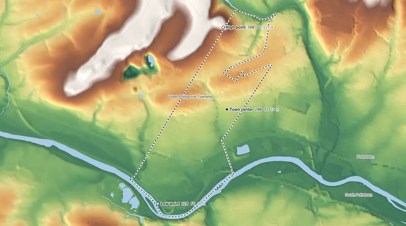 Topographic elevation map of Stowe, Pennsylvania, shaded from 120 ft on the southwest side to 380 ft on the north side