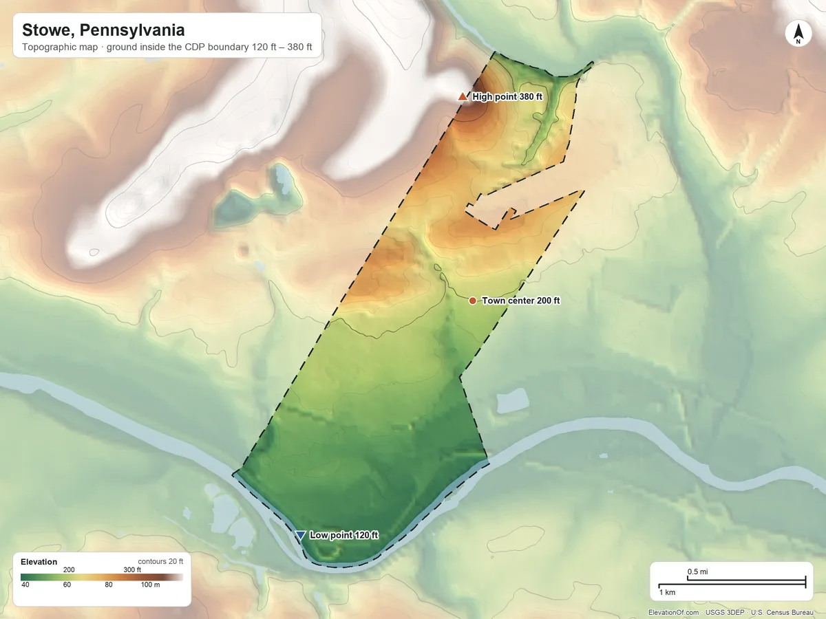 Topographic elevation map of Stowe, Pennsylvania, shaded from 120 ft on the southwest side to 380 ft on the north side