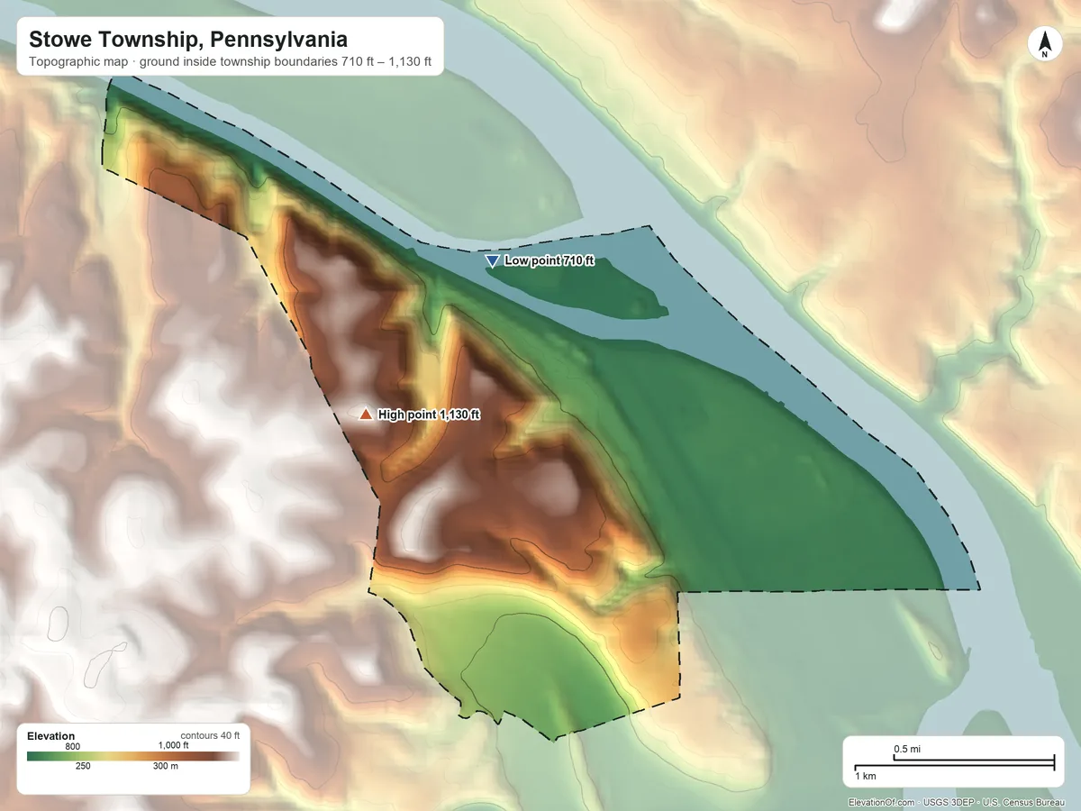 Topographic elevation map of Stowe Township, Pennsylvania, shaded from 710 ft on the north side to 1,130 ft on the northwest side