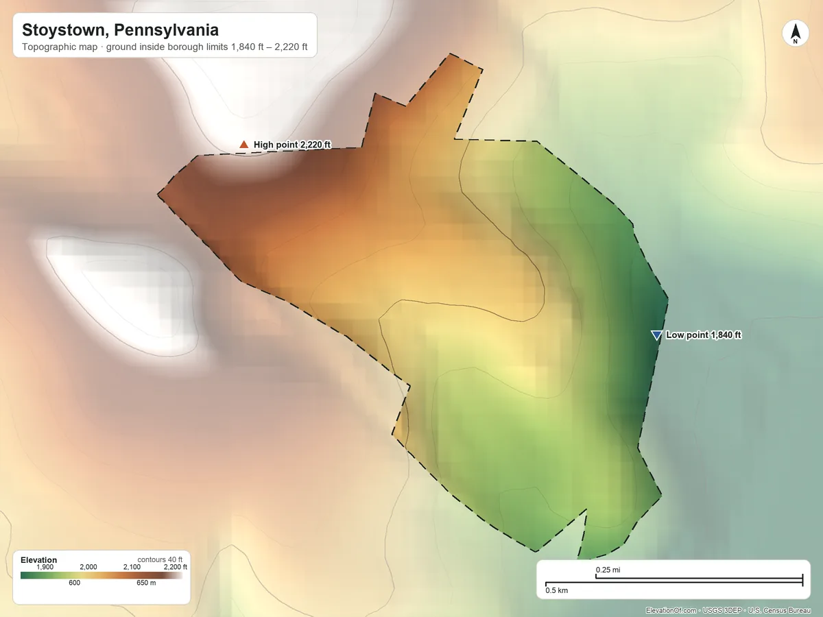 Topographic elevation map of Stoystown, Pennsylvania, shaded from 1,840 ft on the east side to 2,220 ft on the northwest side