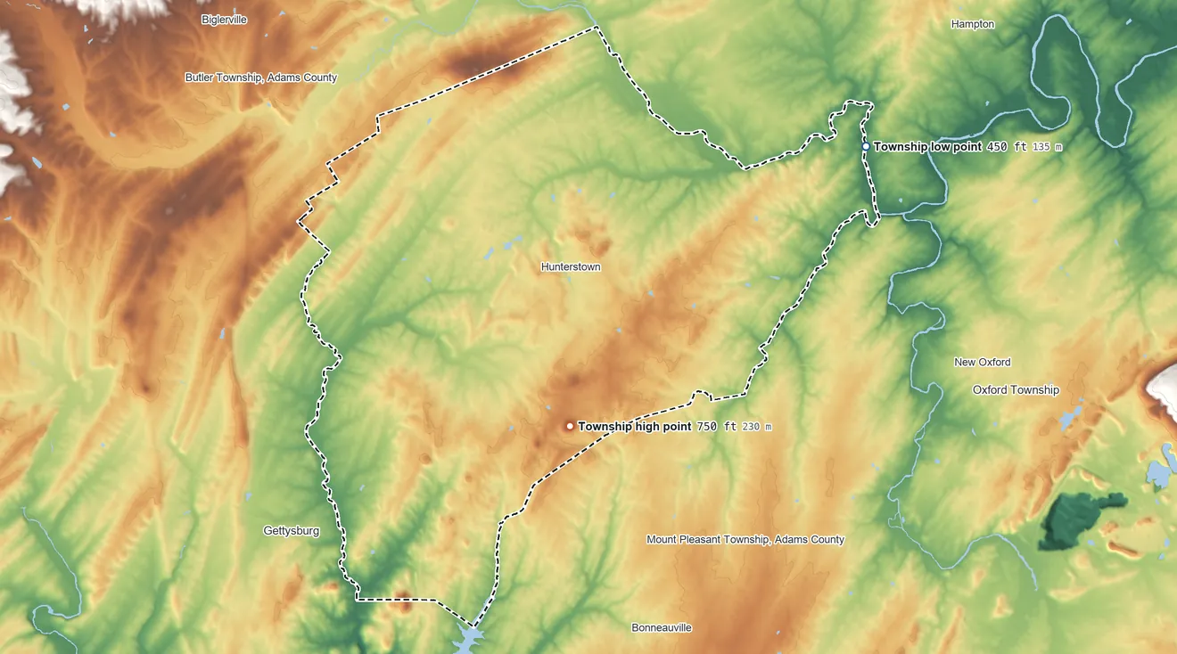 Topographic elevation map of Straban Township, Pennsylvania, shaded from 450 ft on the northeast side to 750 ft on Granite Hill
