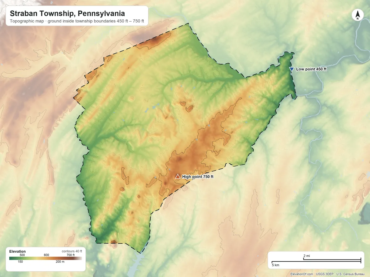 Topographic elevation map of Straban Township, Pennsylvania, shaded from 450 ft on the northeast side to 750 ft on Granite Hill