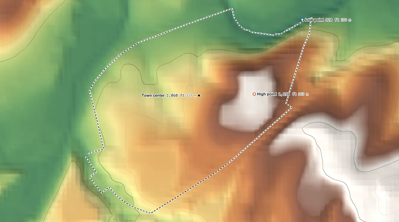 Topographic elevation map of Strabane, Pennsylvania, shaded from 920 ft on the northeast side to 1,190 ft on the east side