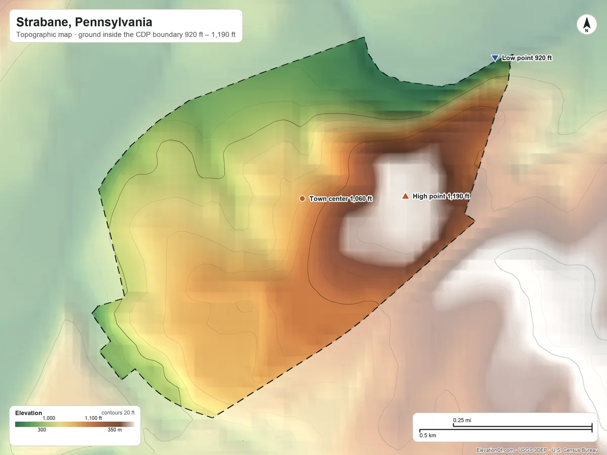 Topographic elevation map of Strabane, Pennsylvania, shaded from 920 ft on the northeast side to 1,190 ft on the east side