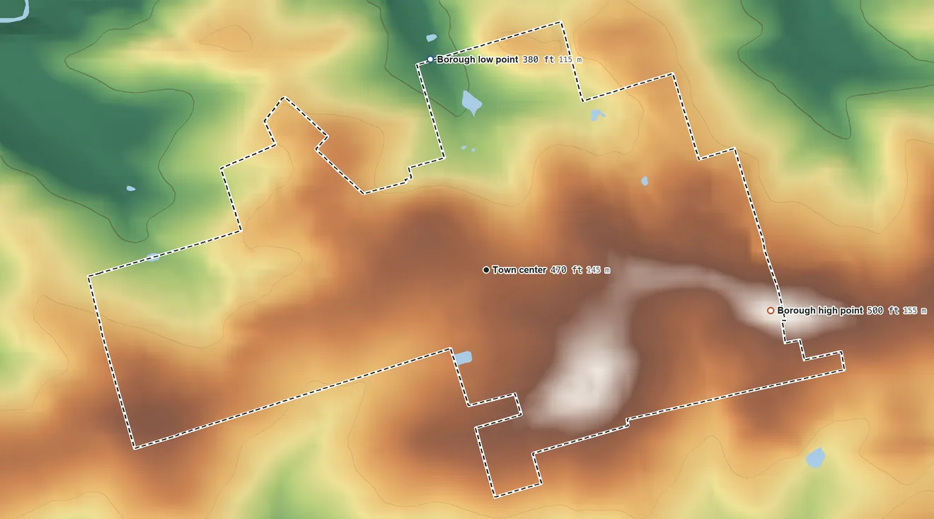 Topographic elevation map of Strasburg, Pennsylvania, shaded from 380 ft on the north side to 500 ft on the east side