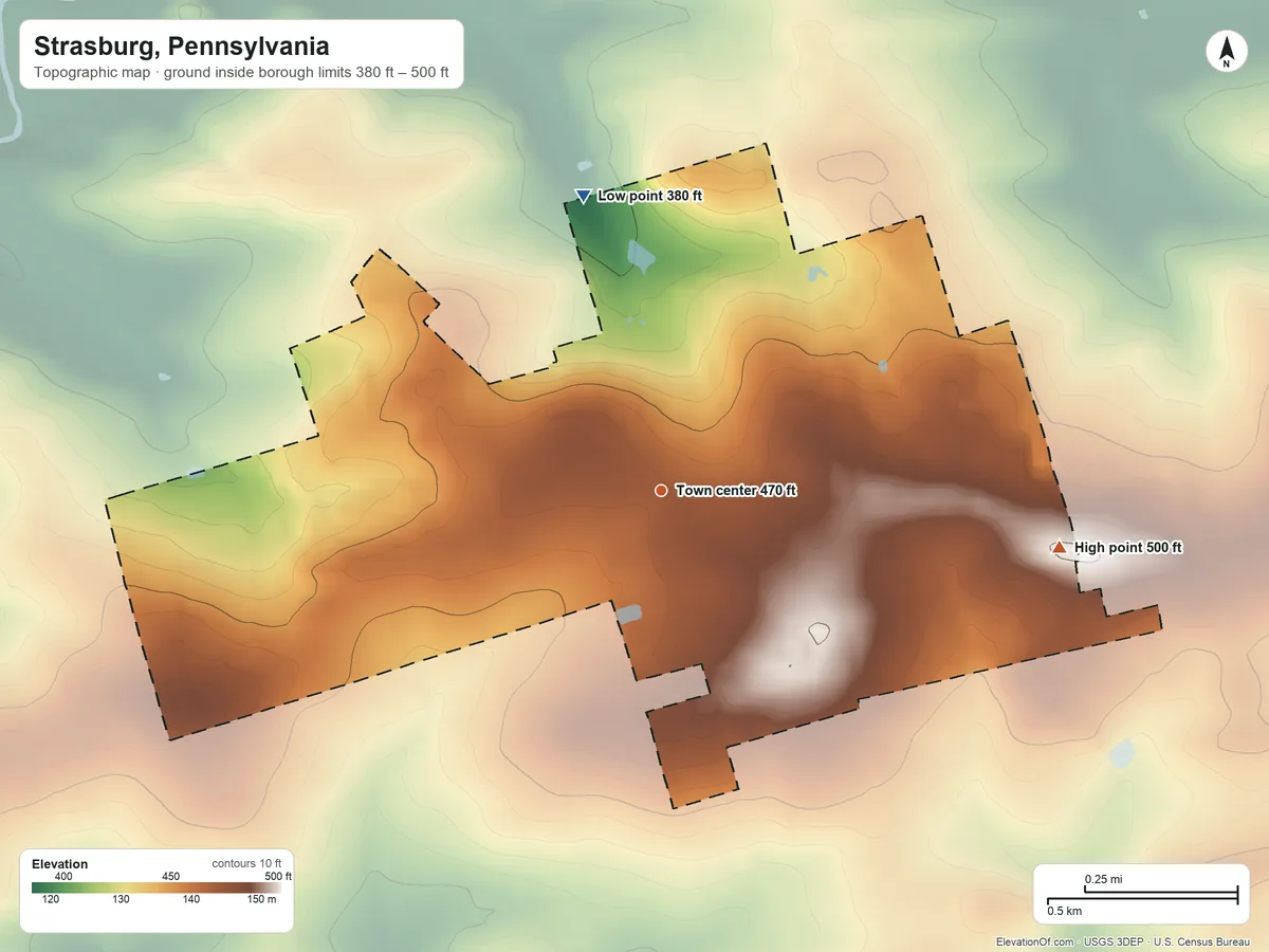 Topographic elevation map of Strasburg, Pennsylvania, shaded from 380 ft on the north side to 500 ft on the east side