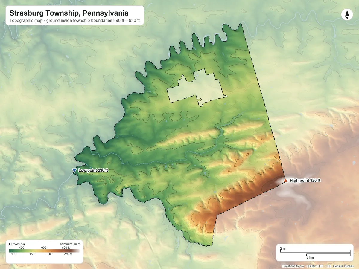 Topographic elevation map of Strasburg Township, Pennsylvania, shaded from 290 ft on the west side to 920 ft on the east side