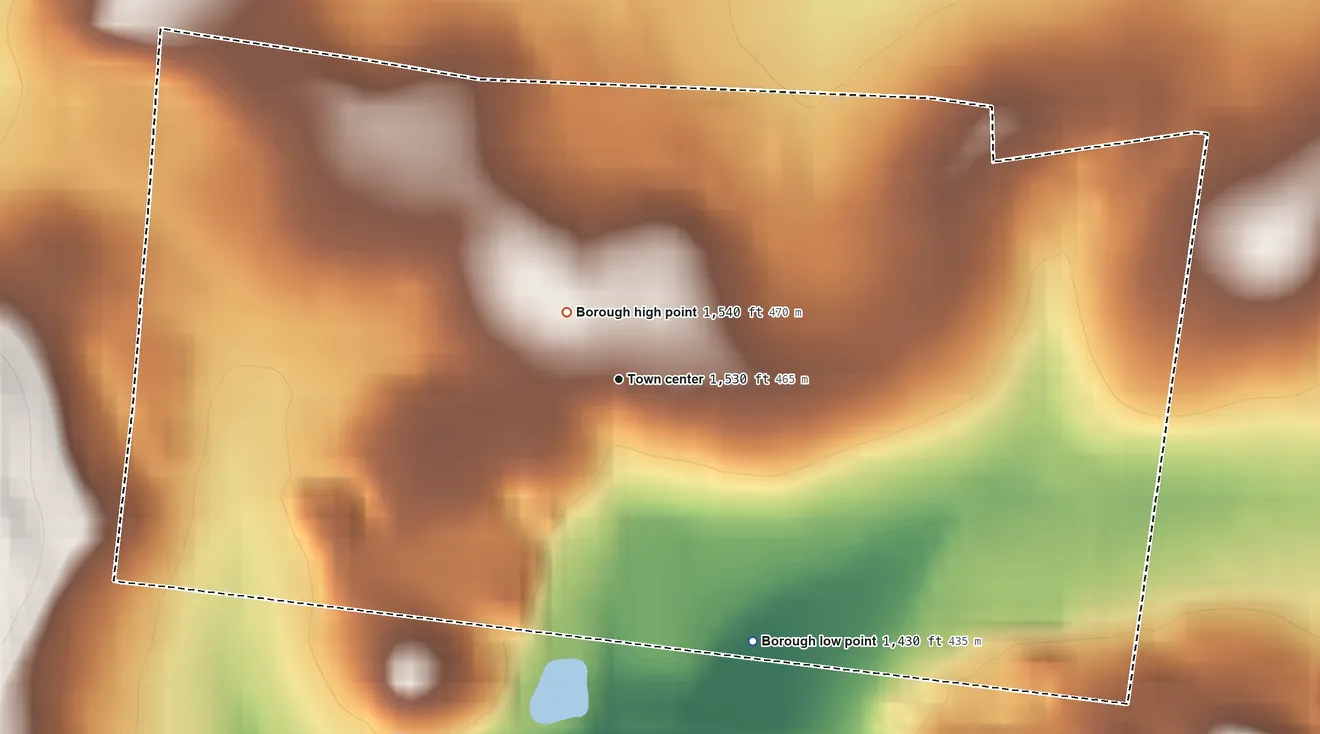 Topographic elevation map of Strattanville, Pennsylvania, shaded from 1,430 ft on the southeast side to 1,540 ft near the middle