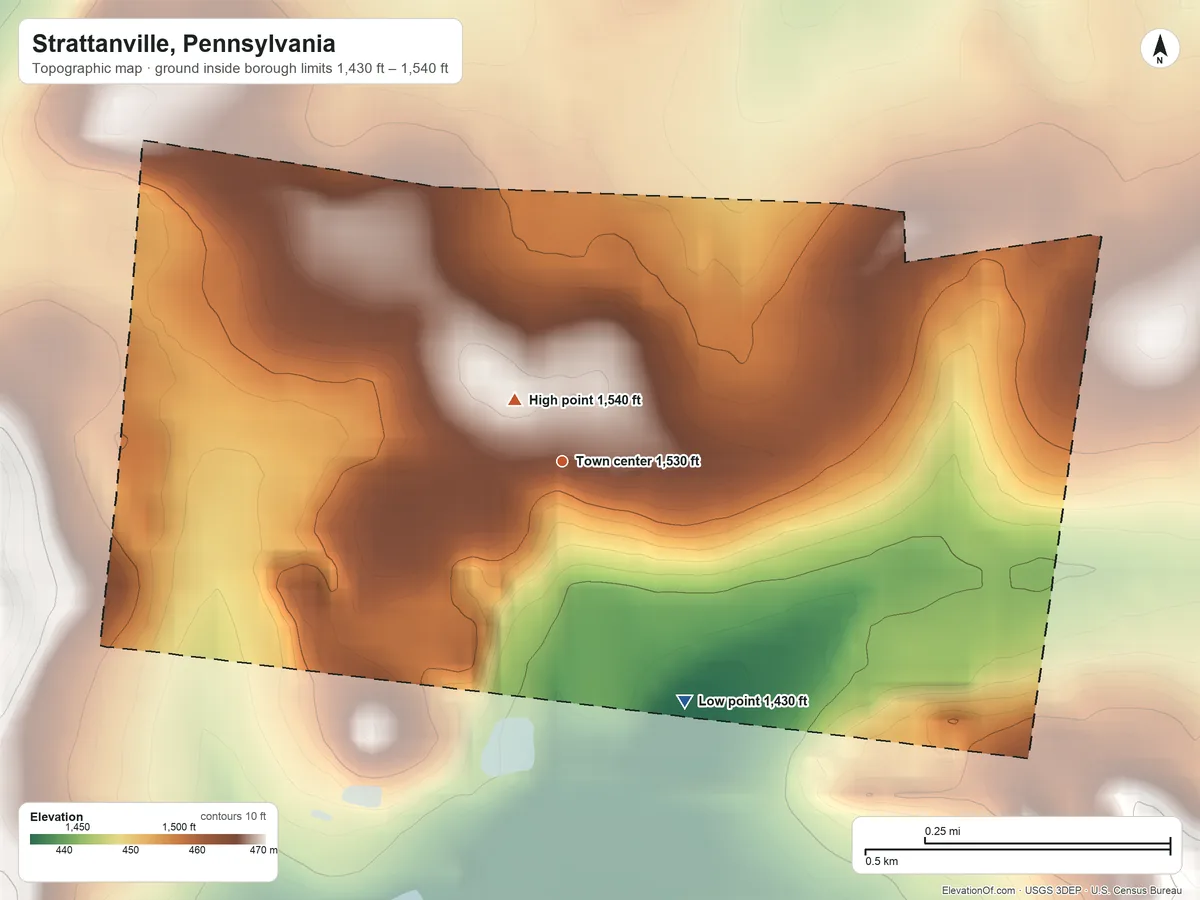 Topographic elevation map of Strattanville, Pennsylvania, shaded from 1,430 ft on the southeast side to 1,540 ft near the middle
