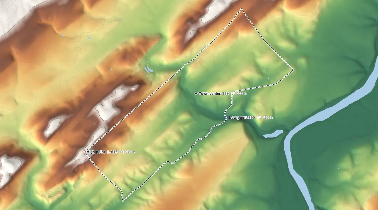 Topographic elevation map of Strodes Mills, Pennsylvania, shaded from 500 ft on the southeast side to 1,010 ft on the southwest side