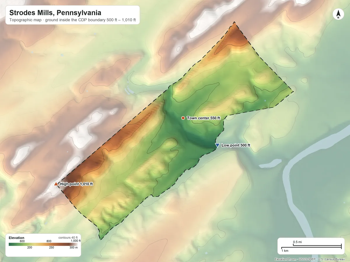 Topographic elevation map of Strodes Mills, Pennsylvania, shaded from 500 ft on the southeast side to 1,010 ft on the southwest side