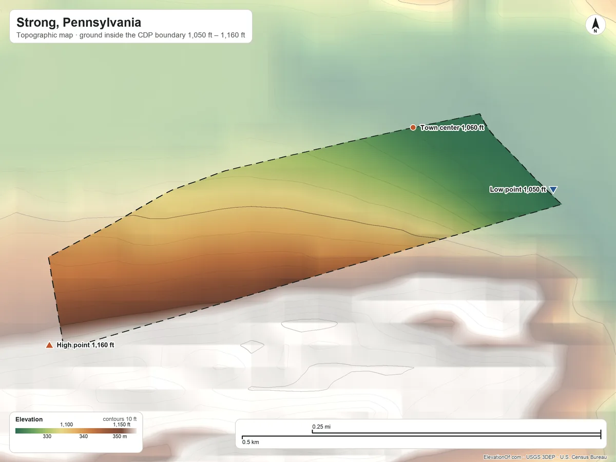 Topographic elevation map of Strong, Pennsylvania, shaded from 1,050 ft on the southeast side to 1,160 ft at the foot of the Little Mountain