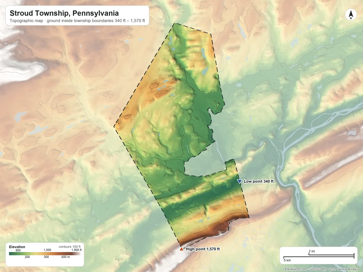 Topographic elevation map of Stroud Township, Pennsylvania, shaded from 340 ft on the southeast side to 1,570 ft on the south side